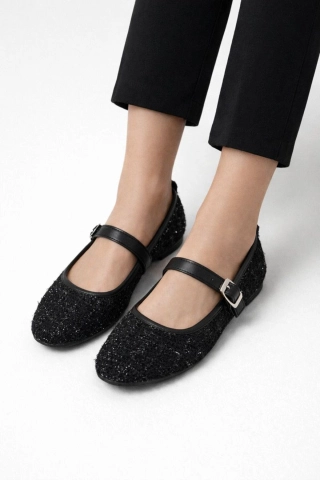 Women Black Tweed Fabric Mary Jane Flats Fashion Buckle Comfortable Shoes
